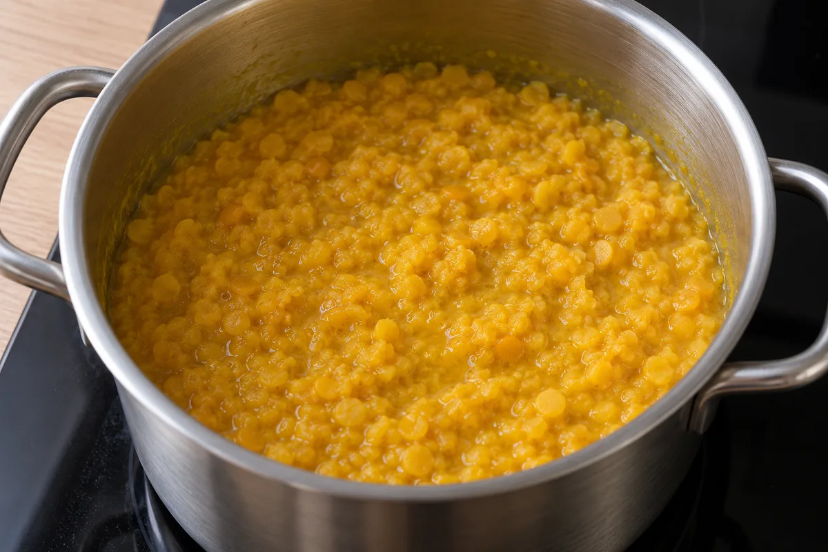 Soft golden lentils beginning to break down in a two-handled stainless steel saucepan.