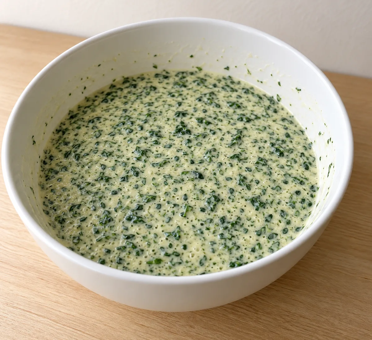 Pale pancake batter flecked with finely chopped spinach in a white mixing bowl after mixing.