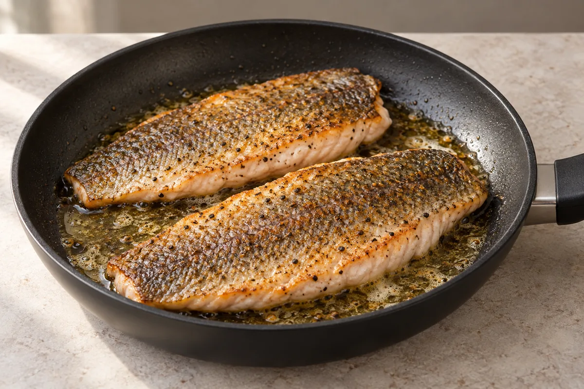 Two fully cooked trout fillets with golden crisp skin facing upward in a black frying pan.