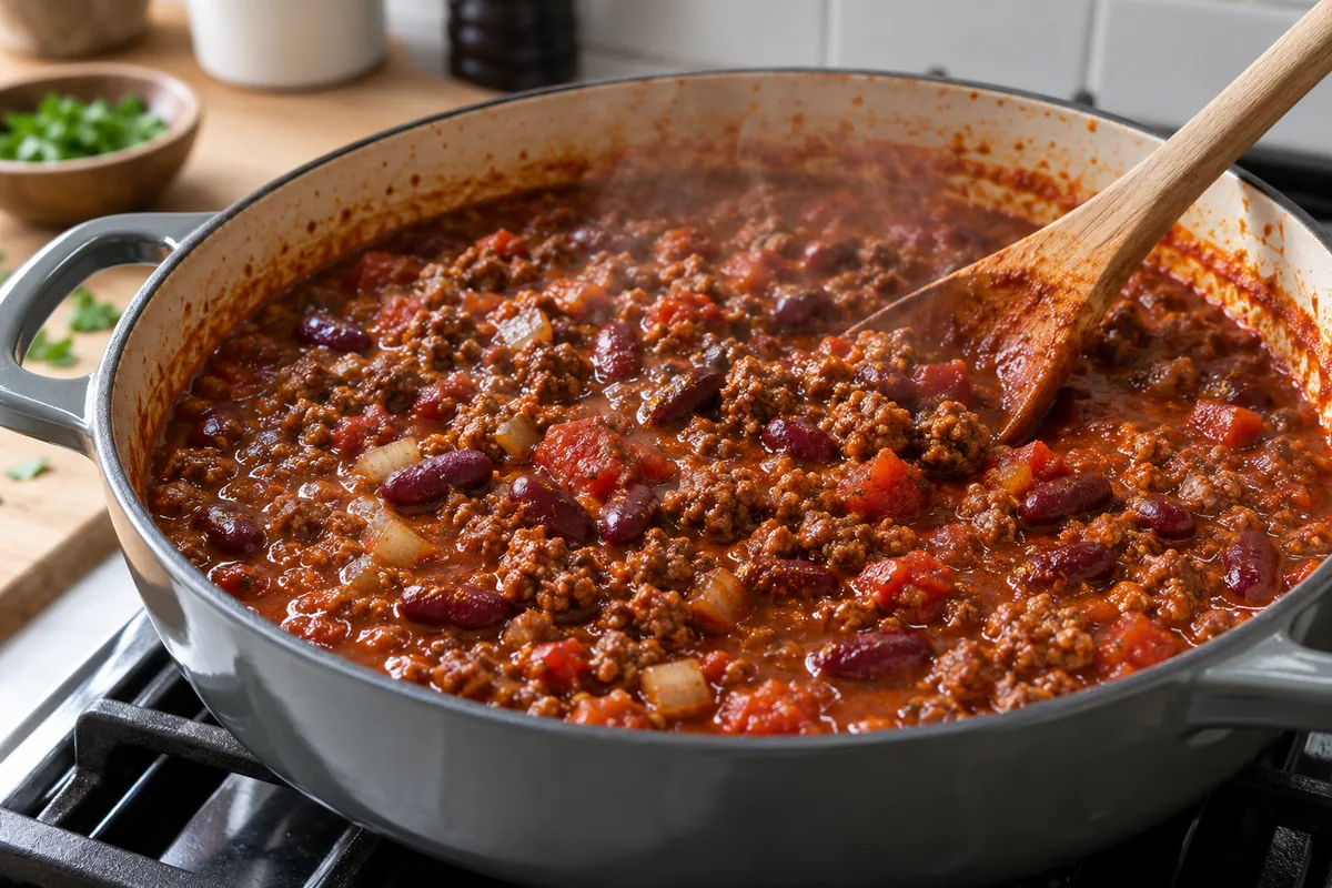 Chili gently simmering with beans in tomato sauce, step 3