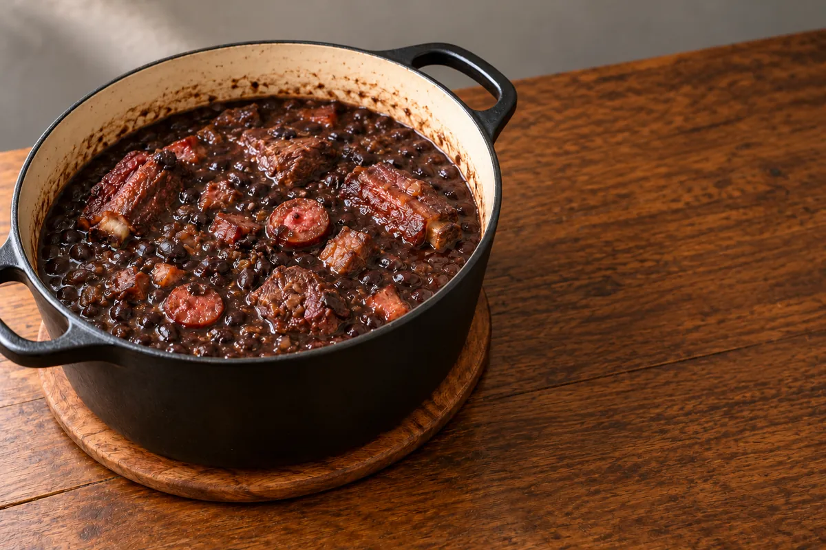 Feijoada pronta na panela preta, com caldo escuro encorpado, grãos inteiros, carnes macias e rodelas de linguiça.