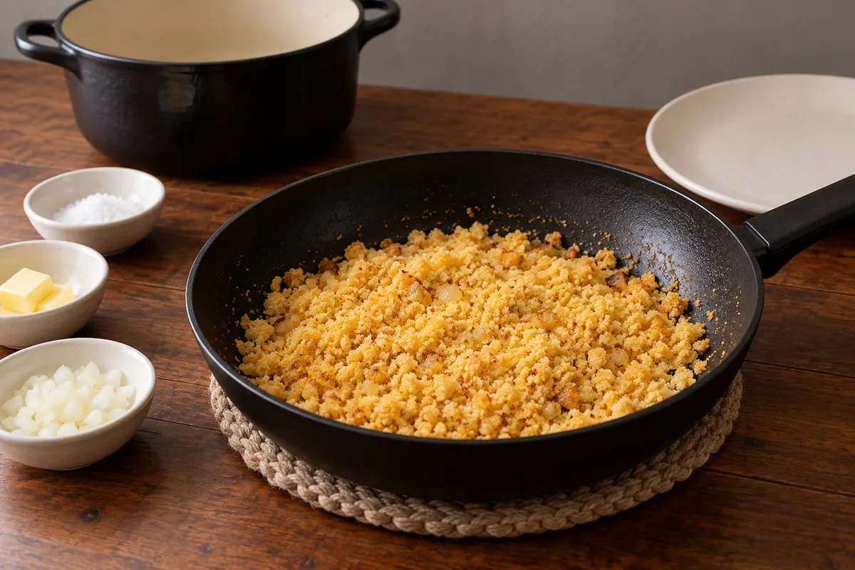 Farofa de milho dourada e soltinha com pequenos pedaços de cebola em frigideira preta, sobre uma mesa de madeira.