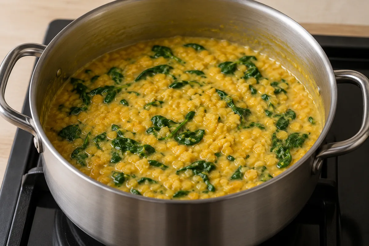 Creamy golden coconut lentils with dark green wilted spinach in a stainless steel saucepan.