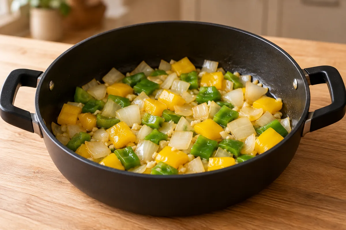 Cebola, alho e pimentões verde e amarelo refogados na panela preta, antes da entrada do tomate e do peixe.