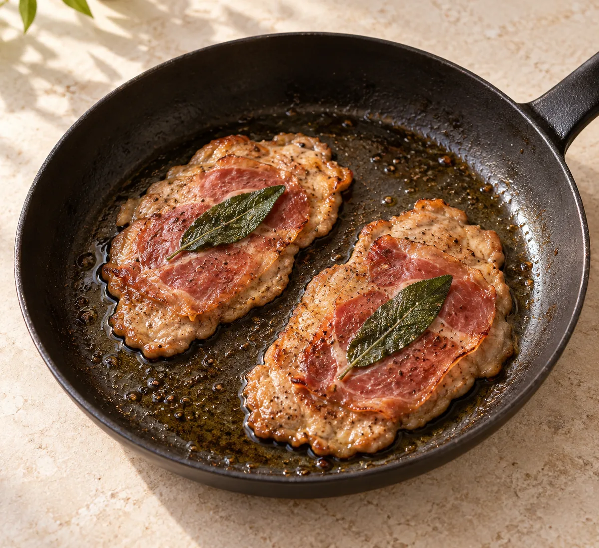 Two browned veal cutlets topped with prosciutto and sage in a frying pan.