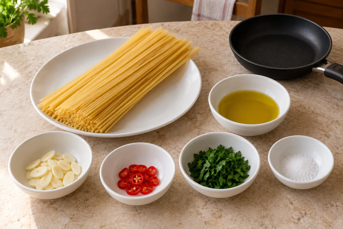Dry spaghetti, sliced garlic, olive oil, fresh red chili, chopped parsley and salt arranged separately.