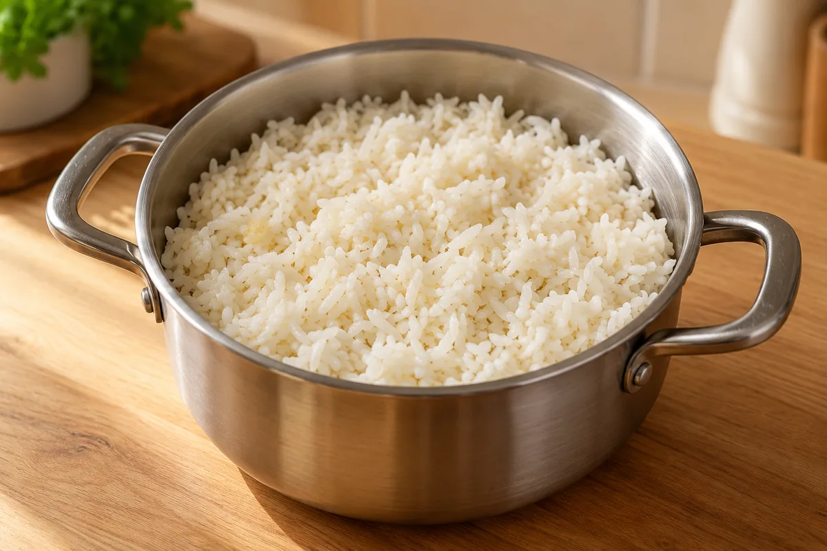 Arroz branco cozido e soltinho numa panela de aço inox com duas alças, ao final da etapa 2.
