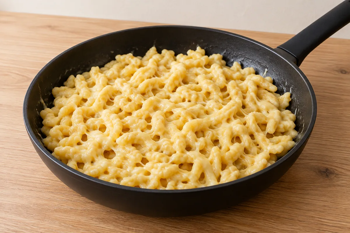 Cooked egg dumplings coated with glossy melted cheese in a black frying pan before the onion topping is added.