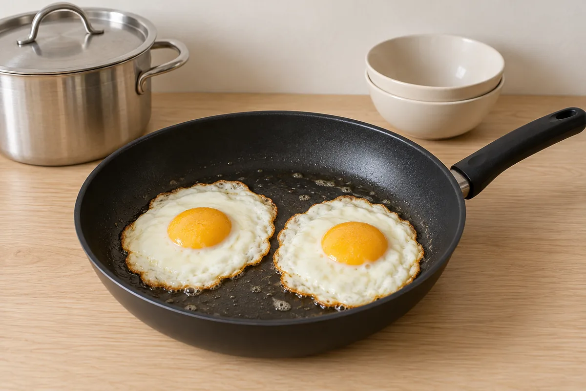 Two butter-fried eggs with set whites and golden yolks in a black frying pan.
