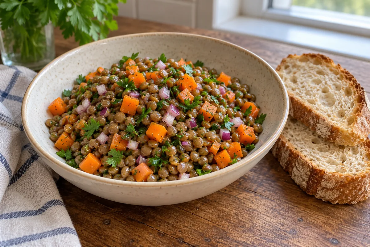 Warm brown-green lentil and carrot salad with red onion, parsley and Dijon dressing, served with rustic bread.