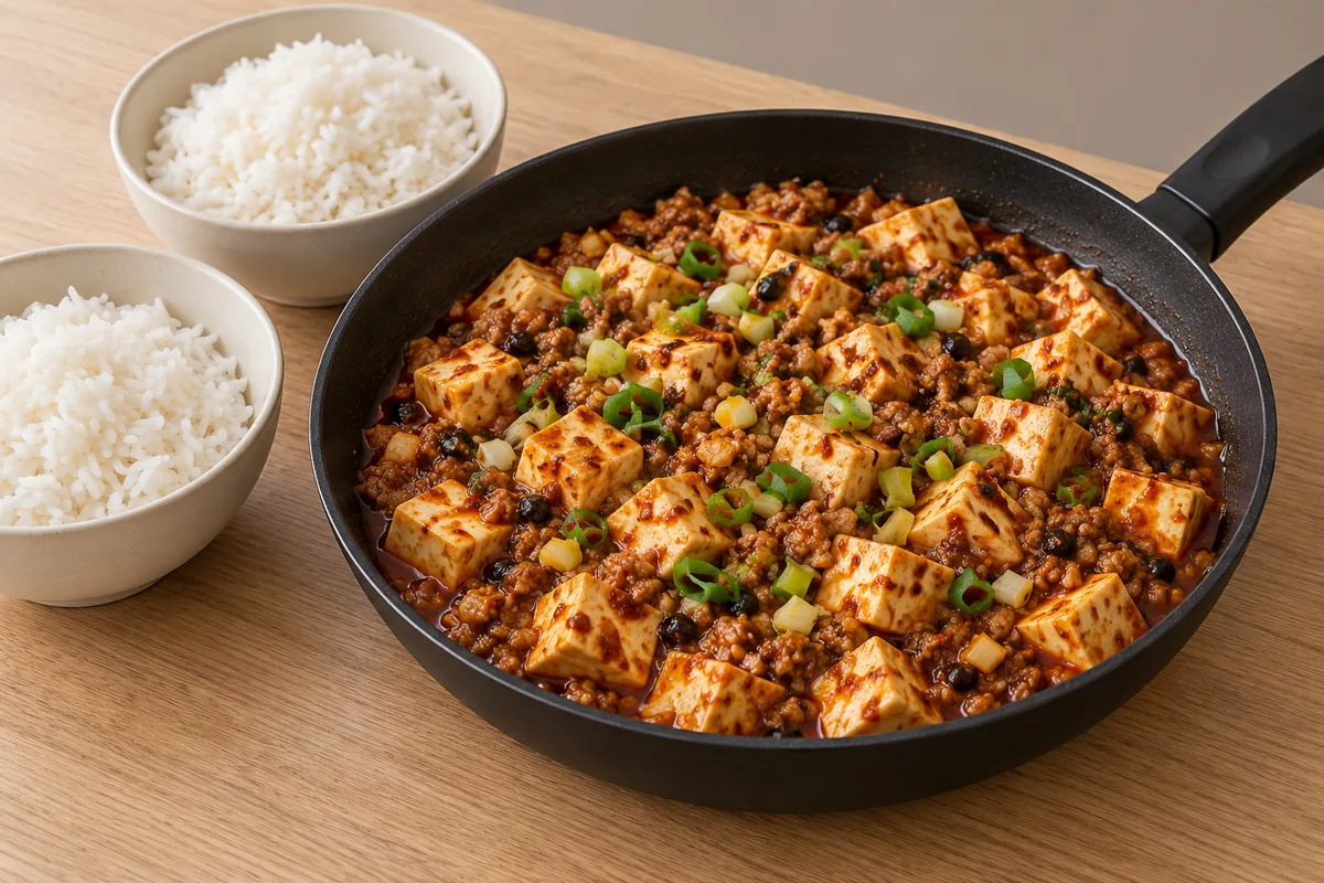 Soft tofu and cooked pork in glossy red sauce with scallion rings in a black frying pan, beside two bowls of white rice.