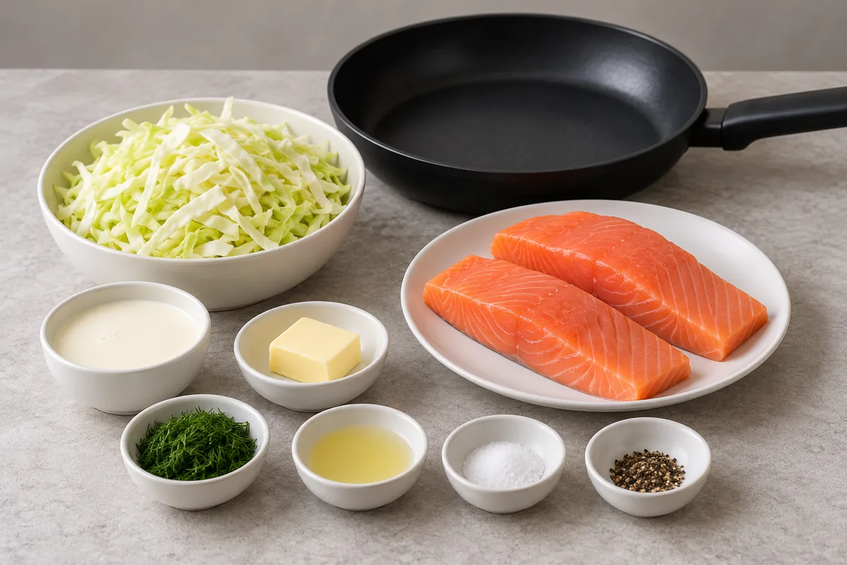 Two raw salmon fillets, sliced cabbage, cream, butter, chopped dill, lemon juice, salt and pepper in white dishes beside an empty black frying pan.