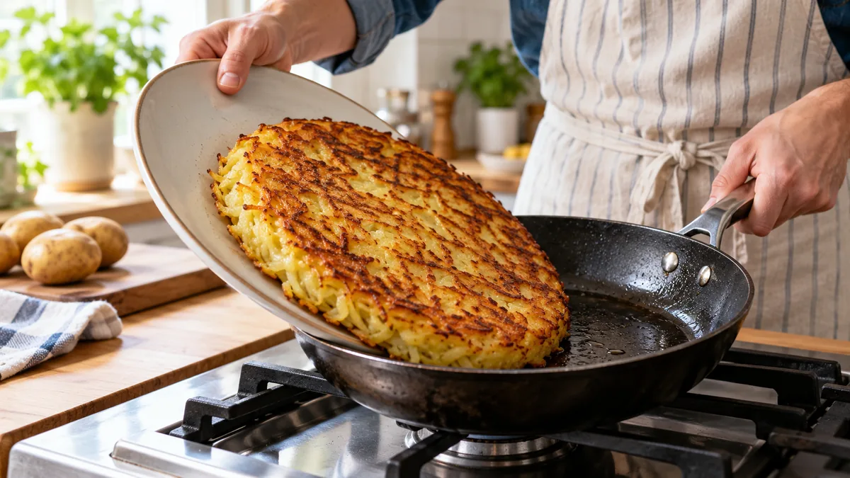 The rösti cake being flipped to reveal its crisp golden underside