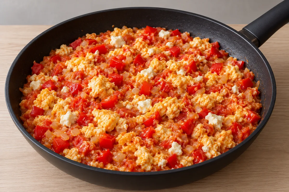 Set egg curds and crumbled feta folded through the cooked pepper and tomato mixture in a black frying pan.