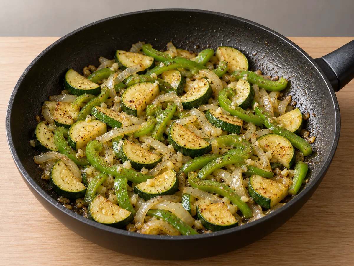 Tender green pepper strips, golden-edged zucchini, translucent onion and minced garlic in the black pan before cream is added.