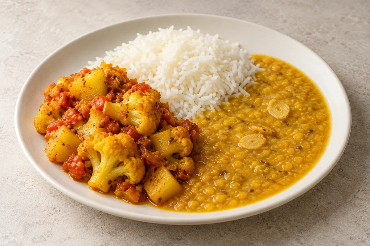 One ivory plate of white rice, golden garlic lentil dal and tomato-coated potato and cauliflower tarkari.