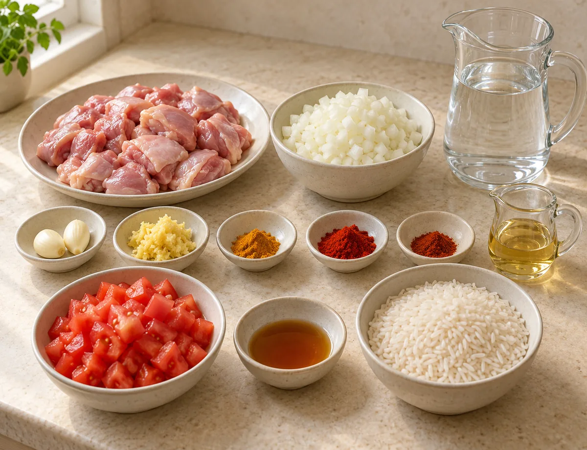 Prepared chicken, onion, garlic, ginger, turmeric, paprika, cayenne, peanut oil, tomato, fish sauce, dry rice and water arranged in separate vessels.