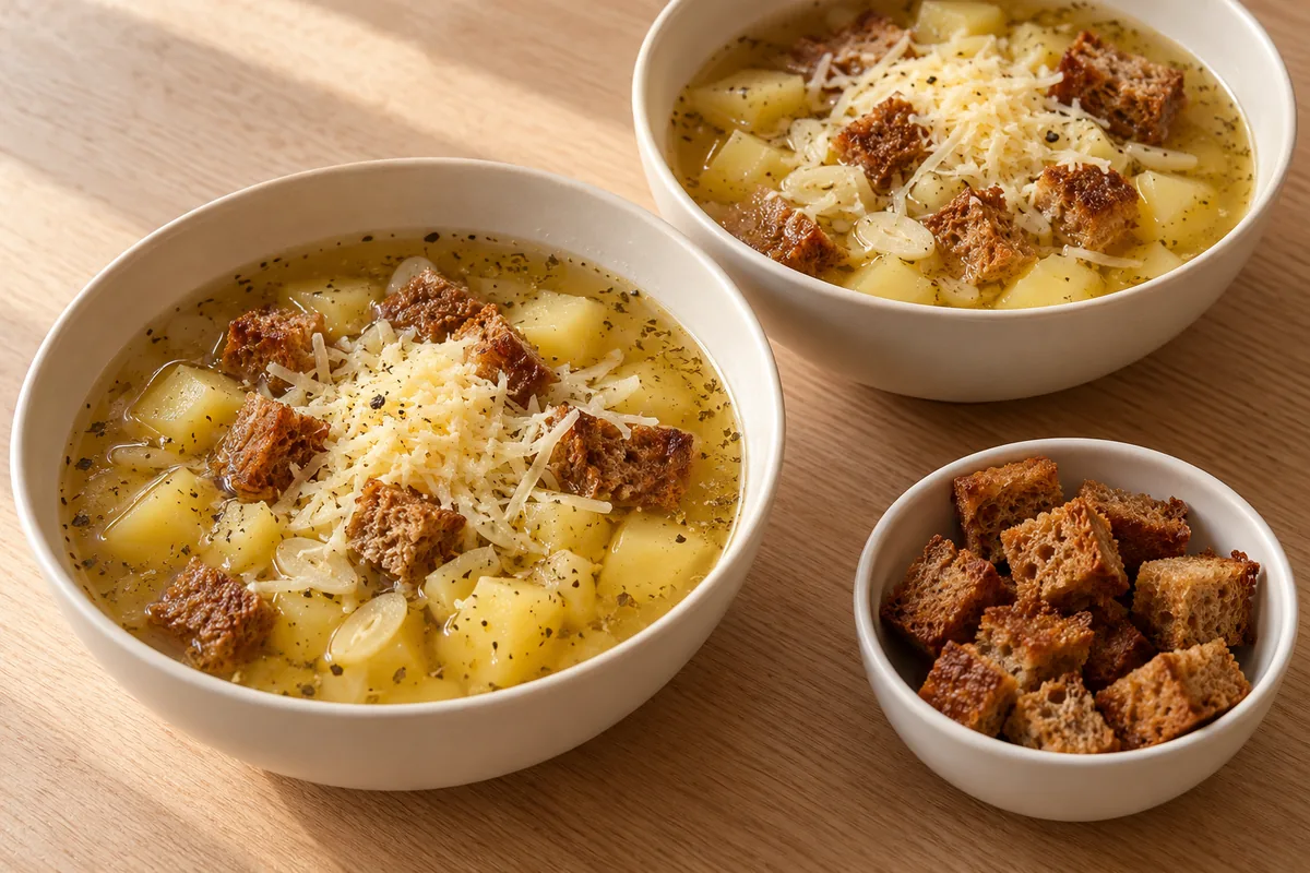Two ivory bowls of clear garlic potato soup topped with grated cheese and golden rye croutons, with extra croutons alongside.