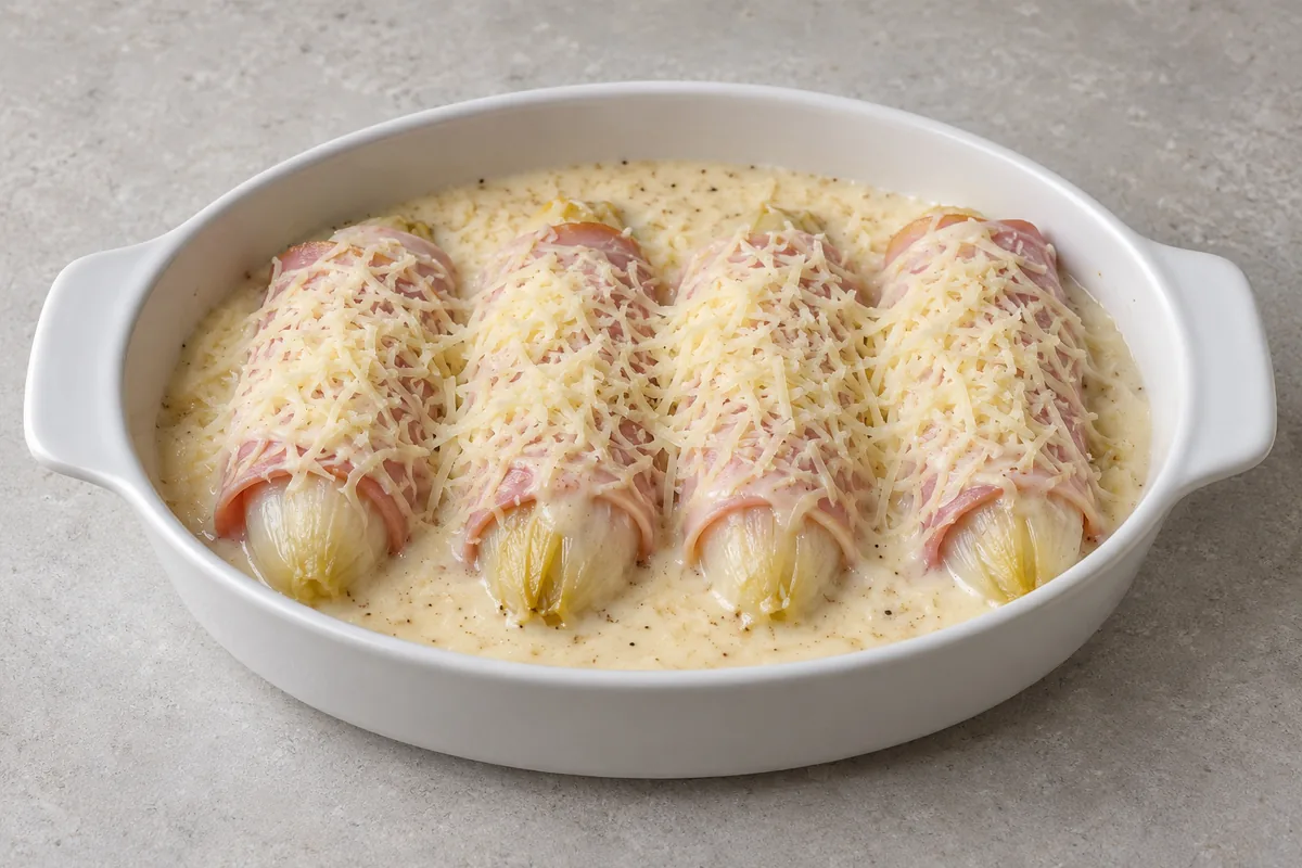 Four ham-wrapped endive rolls in a white oval baking dish with cream sauce and unmelted grated cheese, ready for the oven.