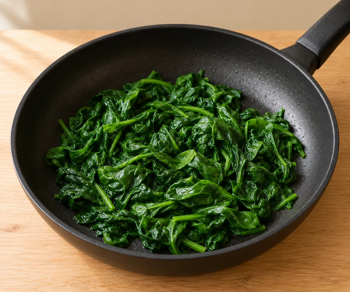 Tender, collapsed spinach leaves after wilting in a black skillet.
