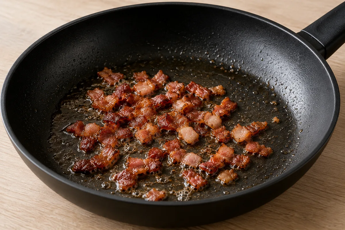 Chopped cooked bacon crisped in melted butter in a black non-stick frying pan.