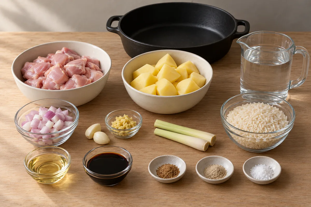 Prepared chicken, potatoes, shallots, garlic, ginger, lemongrass, oil, sweet soy sauce, nutmeg, white pepper, salt, dry rice and water.