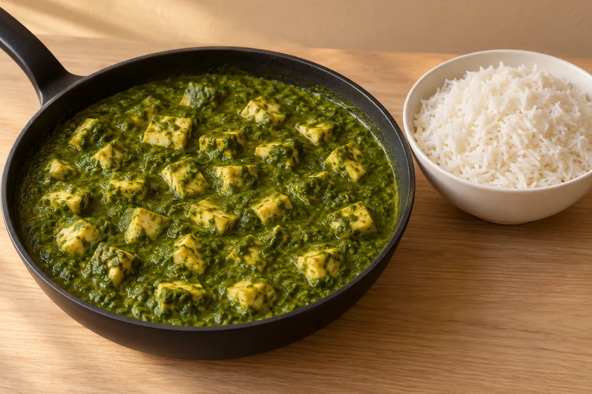 Paneer cubes in thick green spinach gravy in a black skillet, beside a white bowl of plain basmati rice.