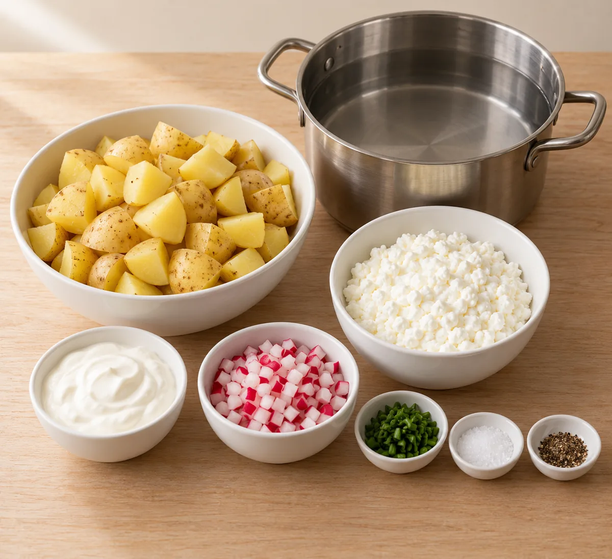 Prepared potato chunks, cottage cheese, sour cream, diced radishes, chopped chives, salt and black pepper in white dishes, with water in a two-handled steel saucepan.