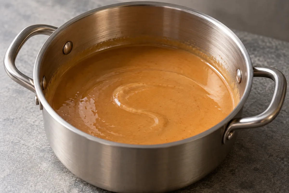 Smooth warm peanut sauce in a small stainless-steel saucepan.