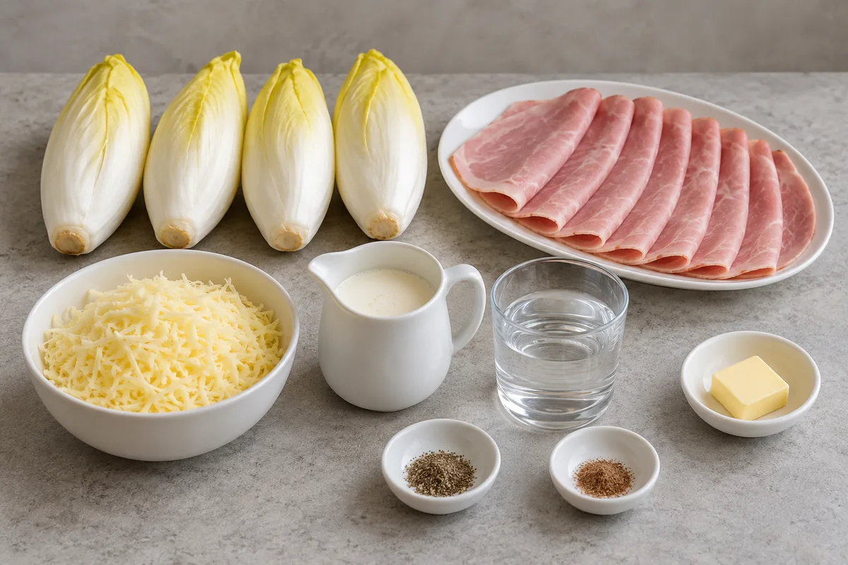 Four whole Belgian endives, sliced cooked ham, grated Gruyere, cream, butter, water, black pepper and nutmeg arranged on a grey worktop.