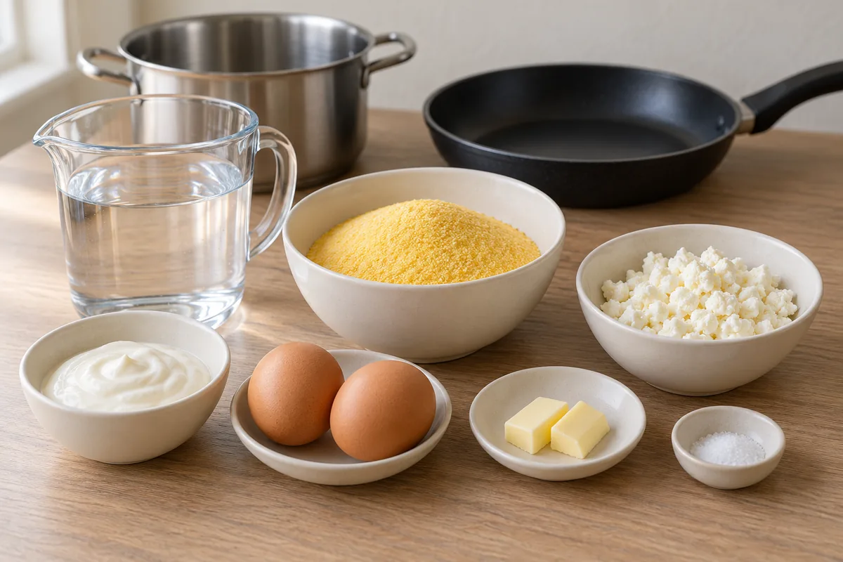 Fine yellow cornmeal, water, feta, sour cream, two eggs, butter and salt prepared for two servings.