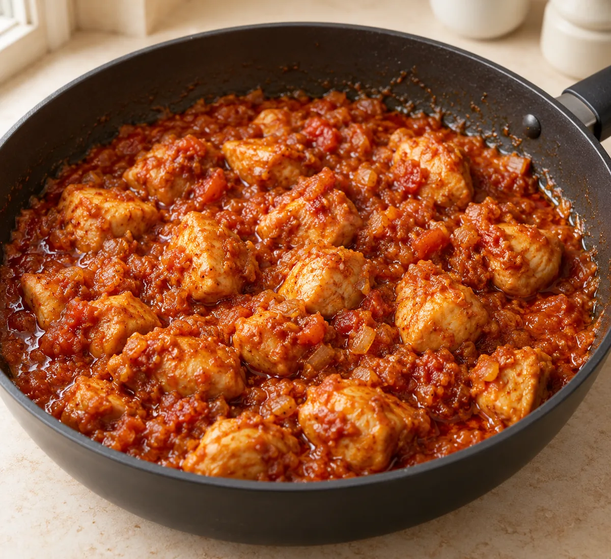 Cooked chicken pieces coated in thick red onion-tomato gravy with small pools of golden oil.