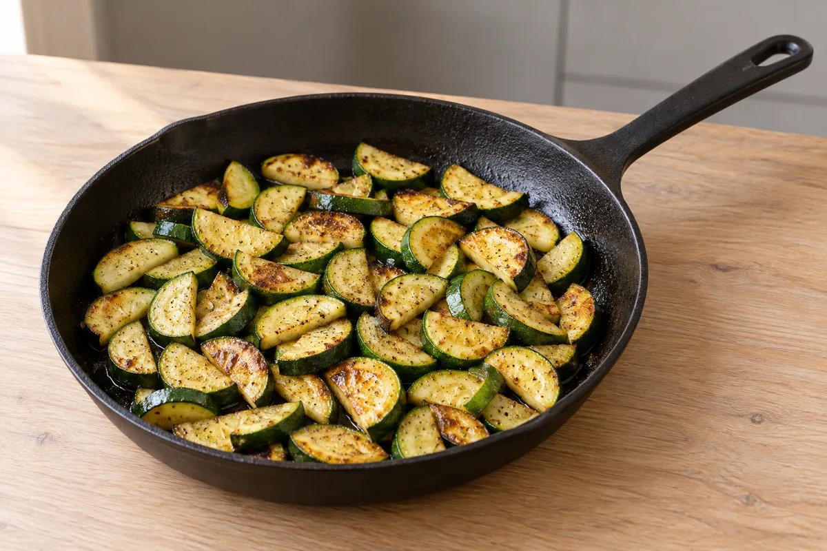 Tender zucchini half-moons with golden-brown patches in a black cast-iron frying pan.