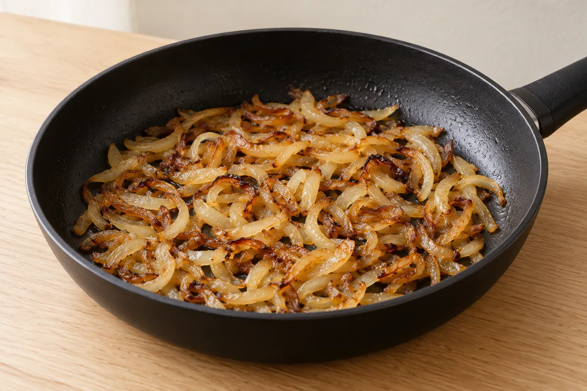 Soft onion half-rings cooked to golden brown in butter in a black frying pan.