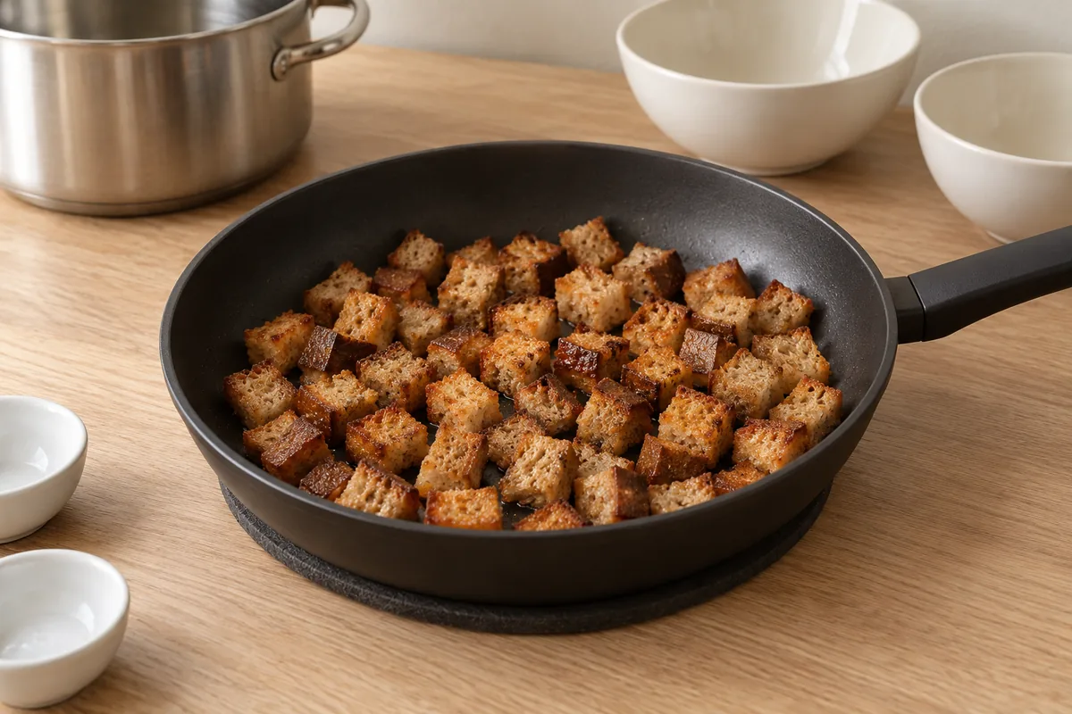 Golden-brown rye bread croutons in a black frying pan after toasting.