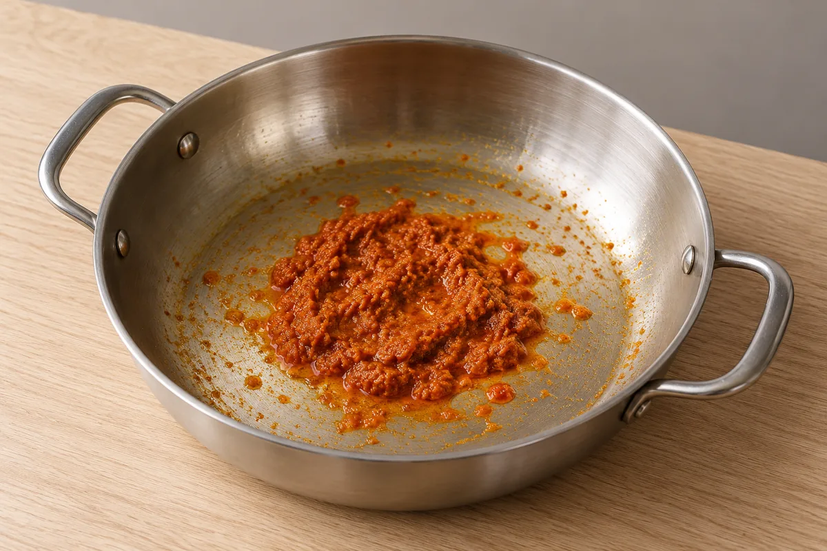 Thick red curry paste reduced with coconut milk, with glossy oil appearing around its edges in a stainless steel pan.