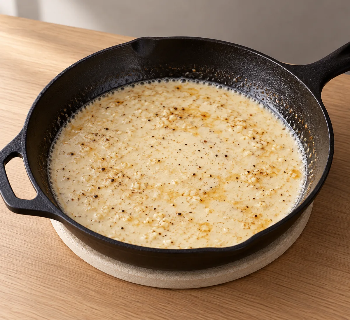 Pale milk sauce with crushed garlic, butter and browned pan juices gently bubbling in the skillet without the chicken.