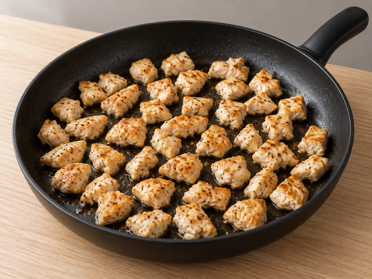 Small chicken pieces browned and cooked through in a round black frying pan, before being removed.