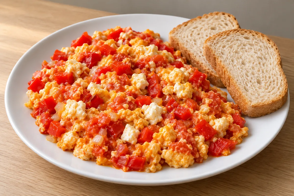 One white plate of cooked red pepper, tomato, onion, egg and feta scramble with two slices of white bread.