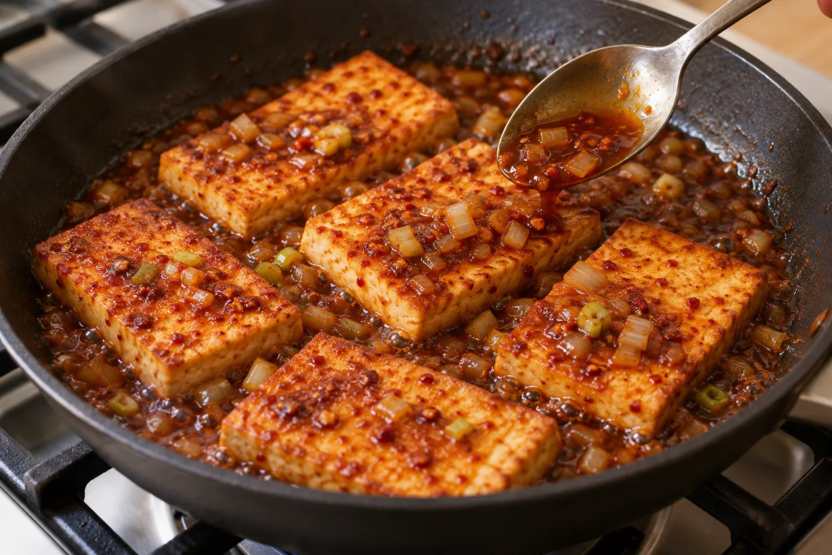 Golden tofu gently braising with onion in a bubbling chili-soy sauce.