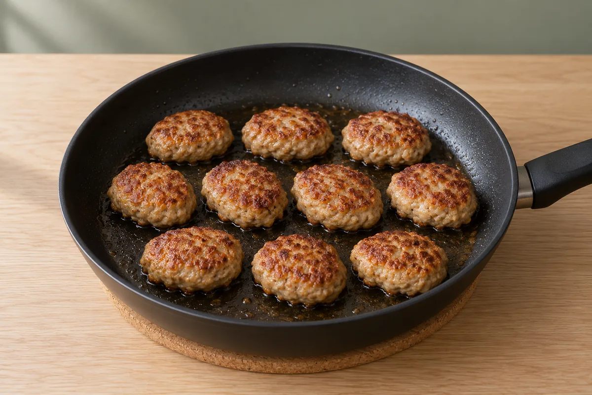 Ten small golden-brown cooked pork patties arranged in a single layer in a black frying pan.