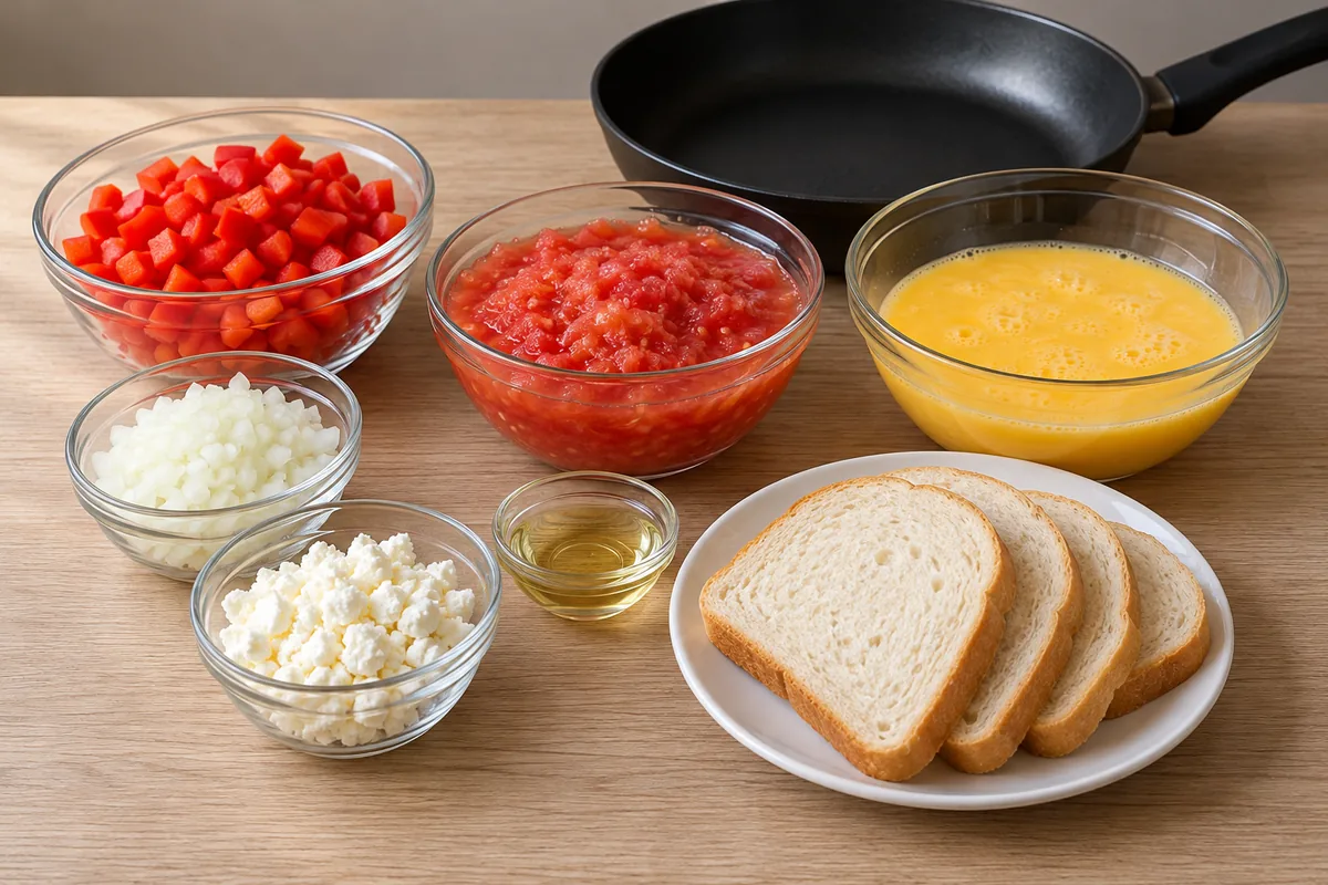 Prepared red pepper, grated tomatoes, diced onion, beaten eggs, crumbled feta, sunflower oil and sliced white bread for two servings.