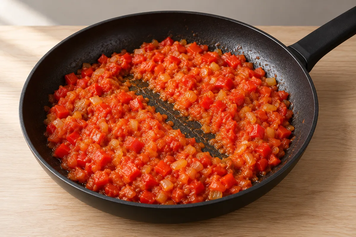 Softened red pepper and onion in thick reduced tomato, with a clear spatula trail across the black frying pan.