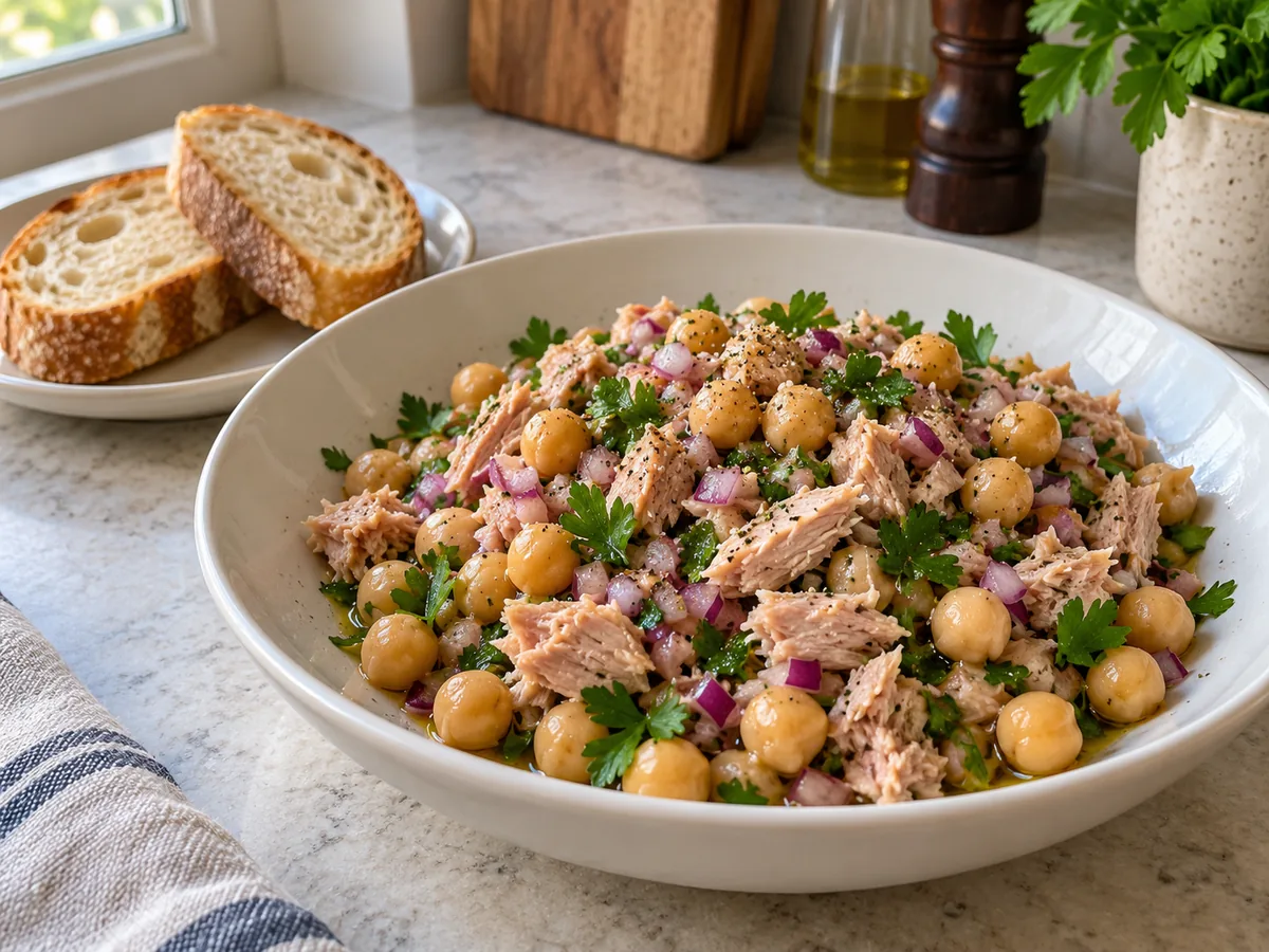 Finished tuna and chickpea salad with red onion, parsley and dressing, served with crusty bread.