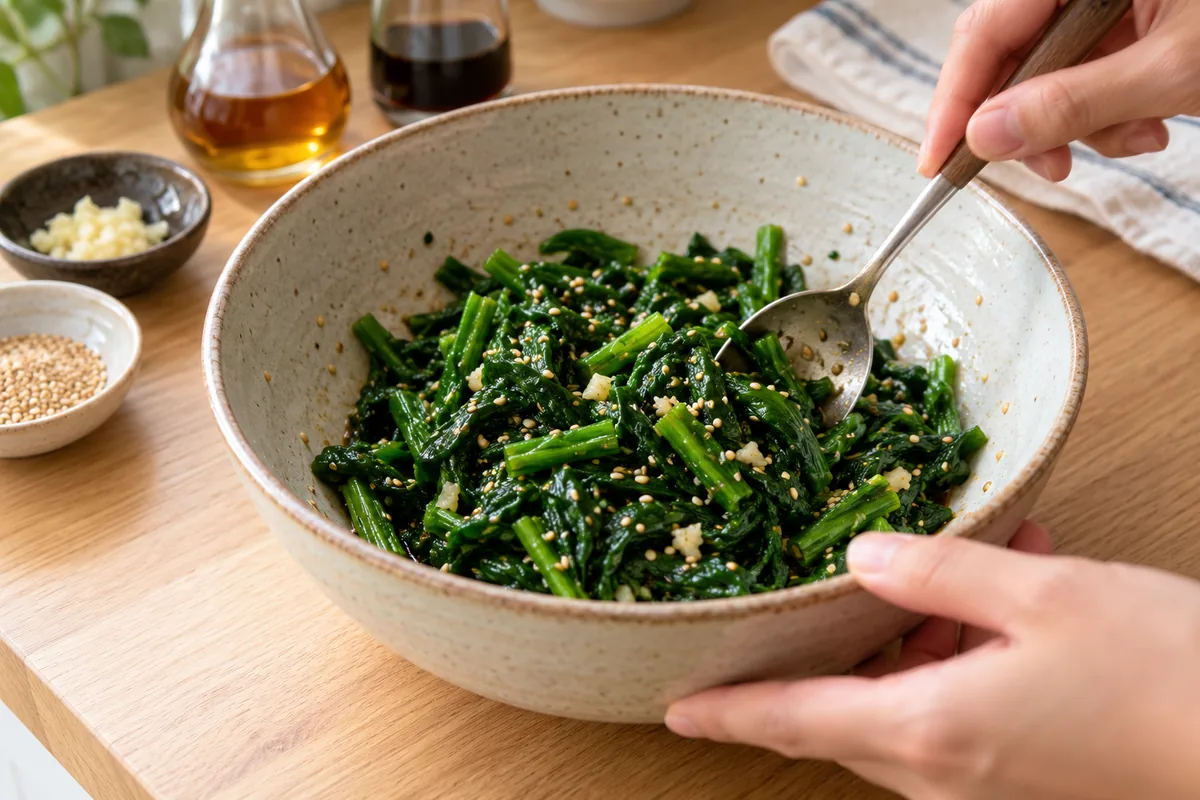 Blanched and squeezed spinach being mixed with garlic, sesame seeds and dressing.