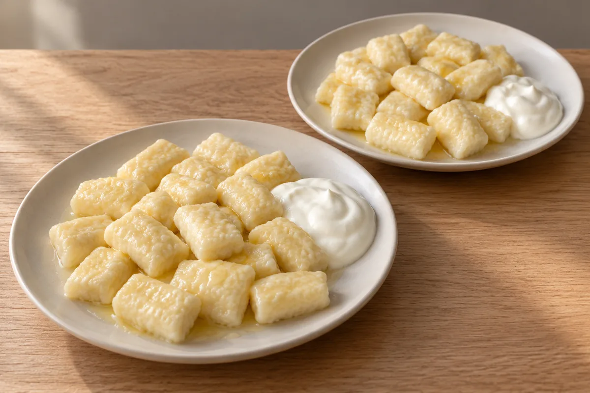Two ivory plates of pale cheese dumplings coated in melted butter, with sour cream beside each portion.