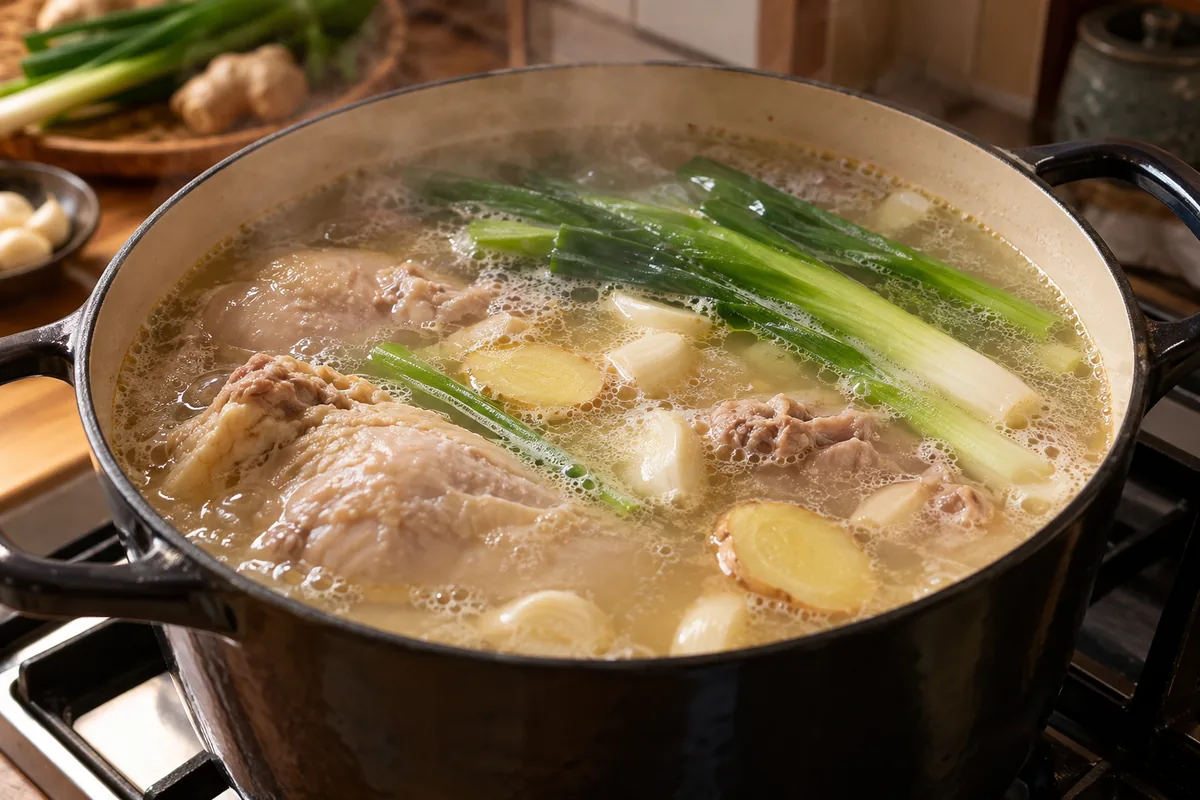 Aromatic chicken broth gently simmering on the stove