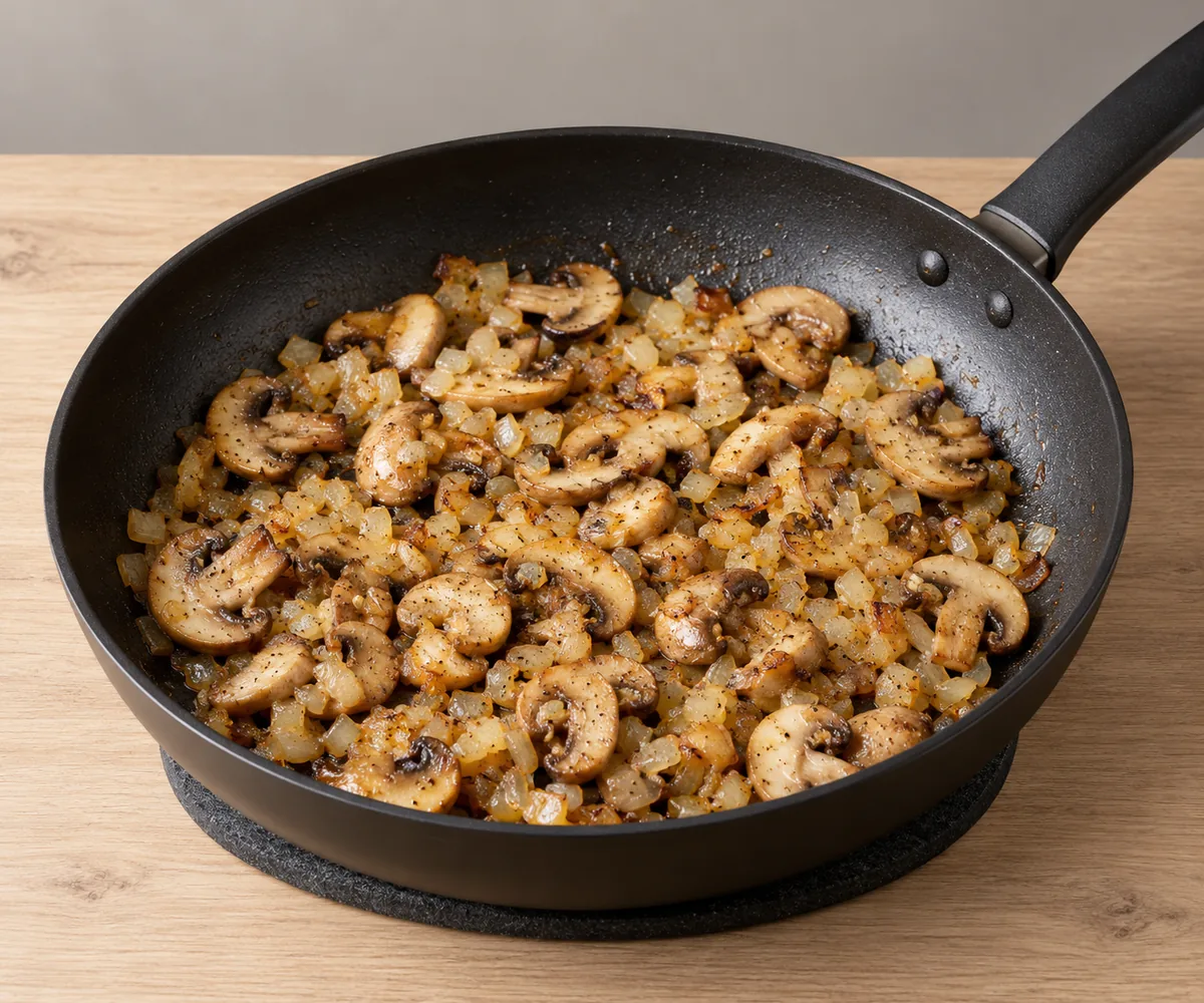 Golden sliced mushrooms and softened diced onion with black pepper in a black frying pan, with the mushroom liquid evaporated.