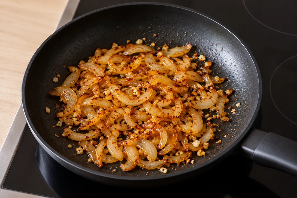 Soft onion half-moons with golden-brown edges, chopped garlic and cayenne in a black frying pan.