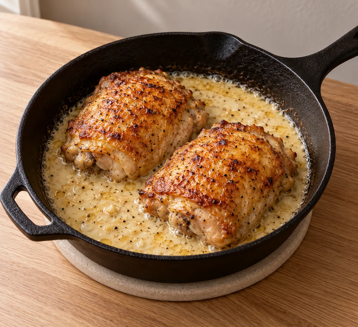 Two golden chicken thighs resting skin-side up in garlic milk sauce after the final oven bake.